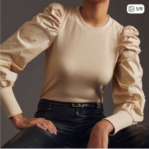 Anthropologie Dolan Tan Puff Sleeve Blouse with Pearl beading